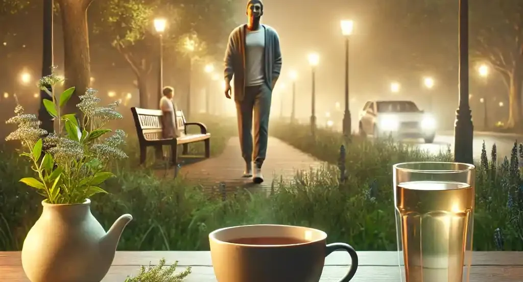 A person taking a gentle walk in a park at night under soft streetlights, promoting healthy digestion. A cup of herbal tea and a glass of warm water sit on a wooden table nearby, symbolizing post-dinner wellness habits